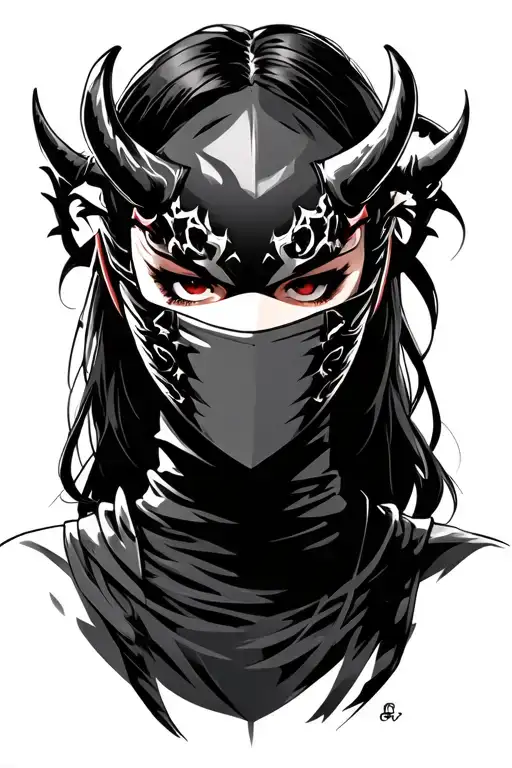 female ninja warrior half wearing a demon mask tattoo design idea