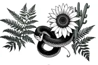 Snake wrapped around a sunflower with prehistoric ferns and cacti around tattoo design idea