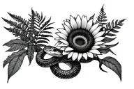 Snake wrapped around a sunflower with prehistoric ferns and cacti around tattoo design idea