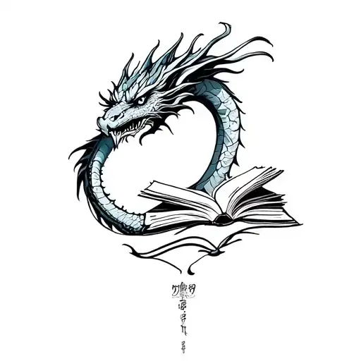 dragon reading books tattoo design idea