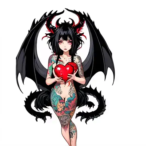 tattooed anime demon girl holding a shattered heart surrounded by a voodoo black dragon tattoo design idea