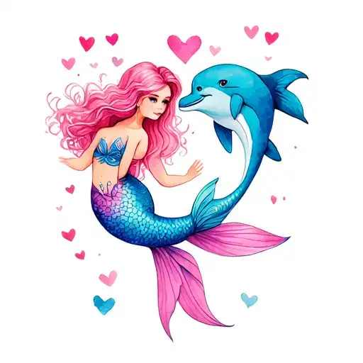 pink mermaid  with dolphins ocean style girly hearts filled with love  tattoo design idea