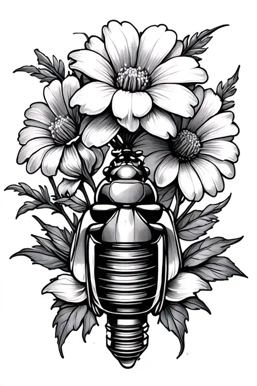 flowers with a spark plug and a bug tattoo design idea