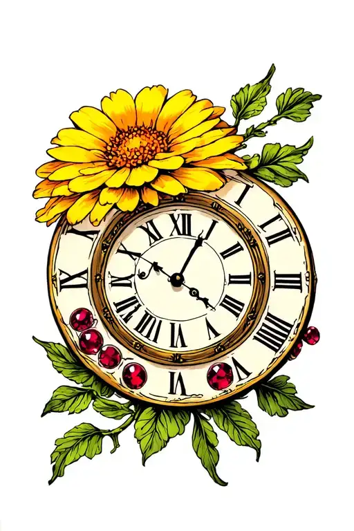 yellow zinnia clock with Roman numerals, rubies surrounded tattoo design idea
