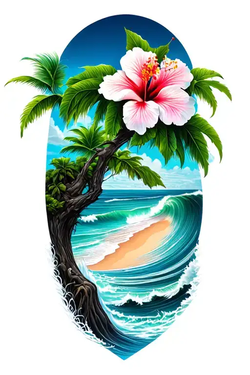 banyan tree with hibiscus flower with waves and a beach tattoo design idea
