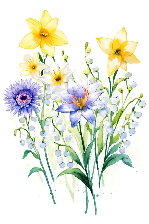 asters, daffodils, and lily of the valley tattoo design idea