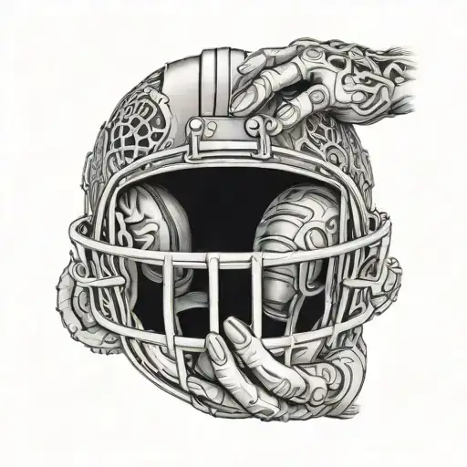 A football helmet being held by a pair of carpenter's hands, with intricate woodwork details tattoo design idea