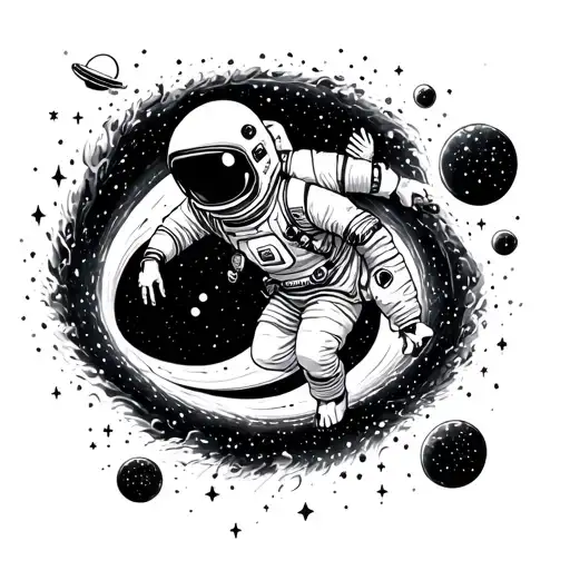 black hole with stars and a lost astronaut floating in space tattoo design idea