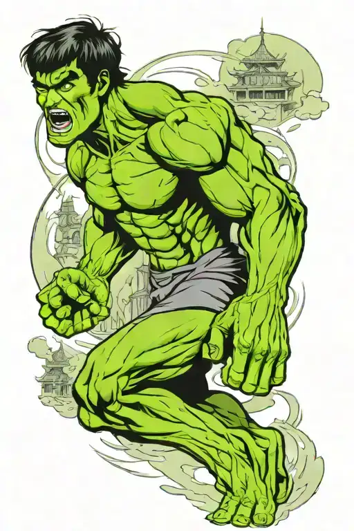 imagine a bruce lee inspired cross between the incredible hulk standing guard over chinas lost city tattoo design idea