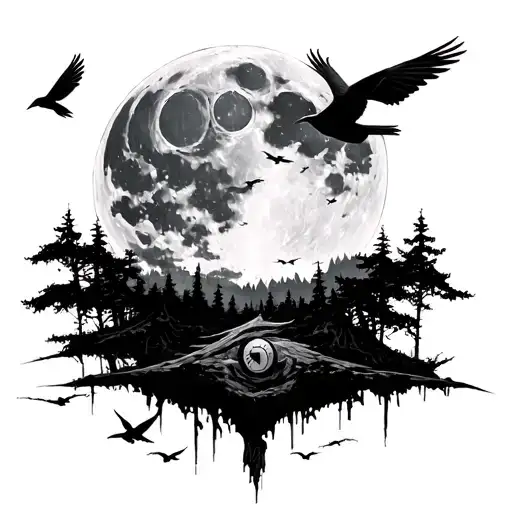 infinite tsukuyomi moon with forest below and crows flying around base with obito uchiha at bottom tattoo design idea
