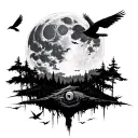 infinite tsukuyomi moon with forest below and crows flying around base with obito uchiha at bottom tattoo design idea