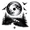 infinite tsukuyomi moon with forest below and crows flying around base with obito uchiha at bottom tattoo design idea