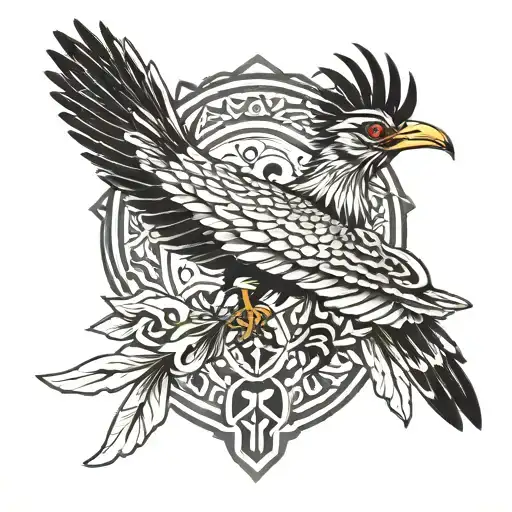 new mexico zia symbol, roadrunner with bull skull surrounded tattoo design idea