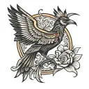 new mexico zia symbol, roadrunner with bull skull surrounded tattoo design idea