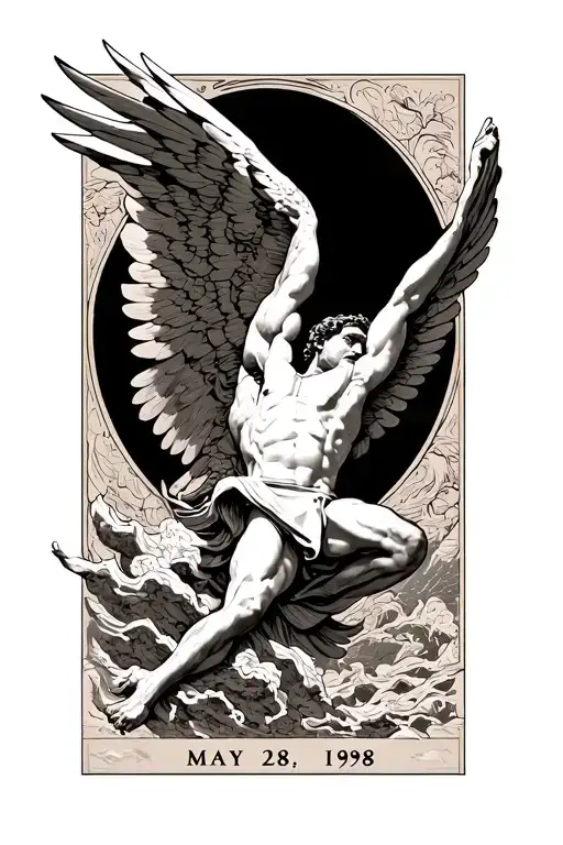 icarus falling with the date May 28, 1998 in roman numerals tattoo design idea