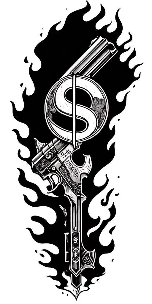 guns money symbol merging and flames coming dark looking and dangers tattoo design idea