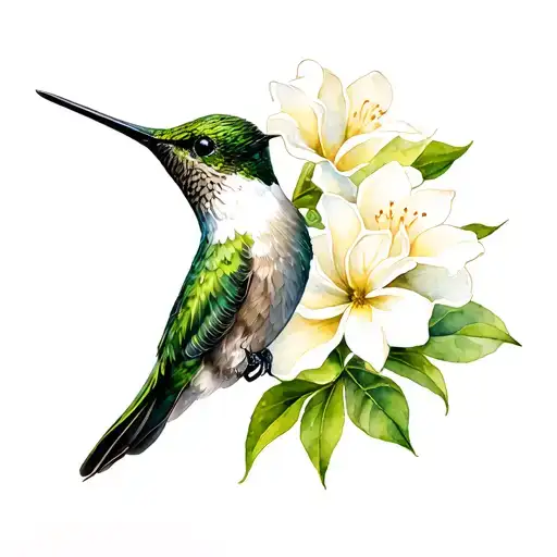 green and white hummingbird and gardenia flower tattoo design idea