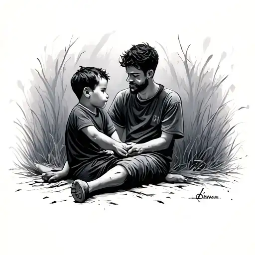 Litle Kid looking a men sitting alone and watch broken and healed tattoo design idea