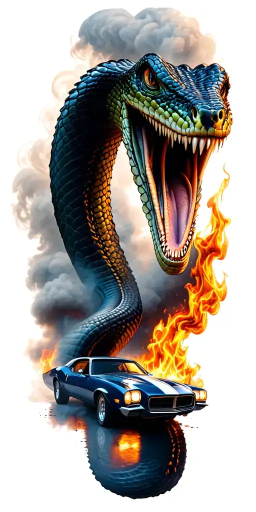 side view snake head and car driving with fire and smoke tattoo design idea