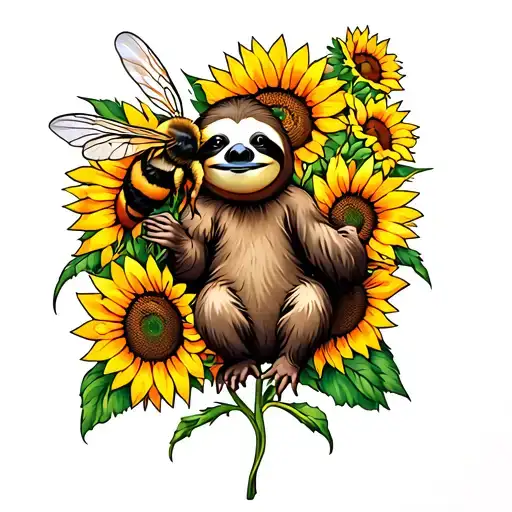 sloth holding a bee with one arm and surrounded by sunflowers tattoo design idea
