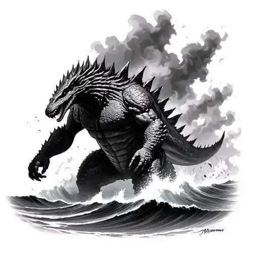 Upper Arm Godzilla emerging from a stormy ocean, backlit by a fire tattoo design idea