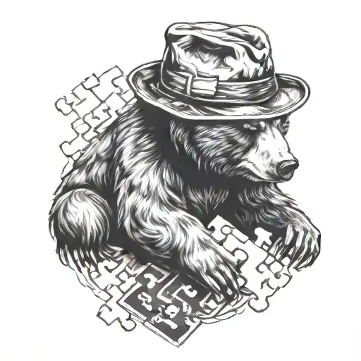 Bear with hat and puzzle  tattoo design idea