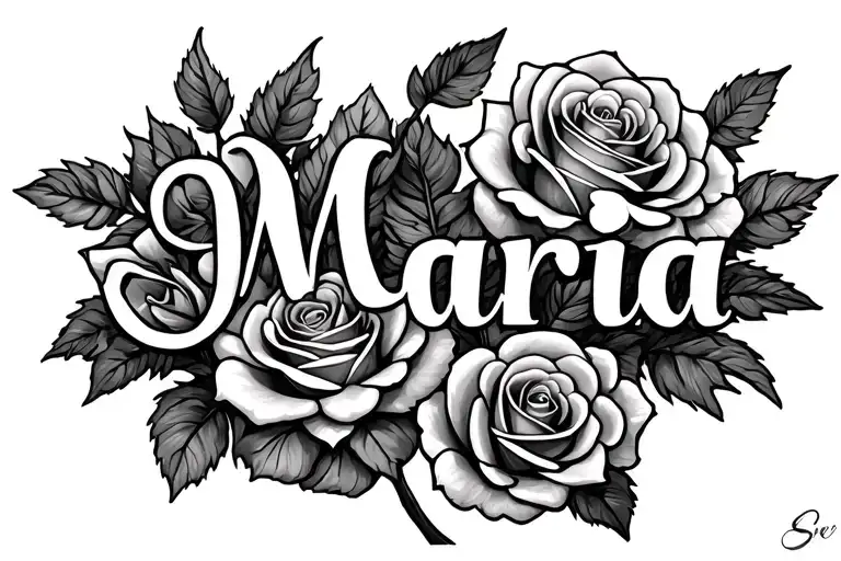 Name "Maria" with roses growing together tattoo design idea
