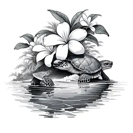 Plumeria flowers with sea turtles and an island tattoo design idea