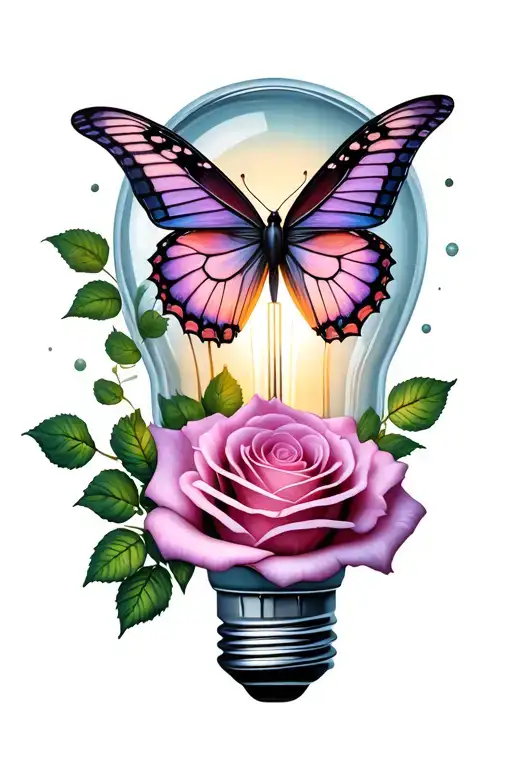 rose and butterfly emerging from light bulb emerging tattoo design idea