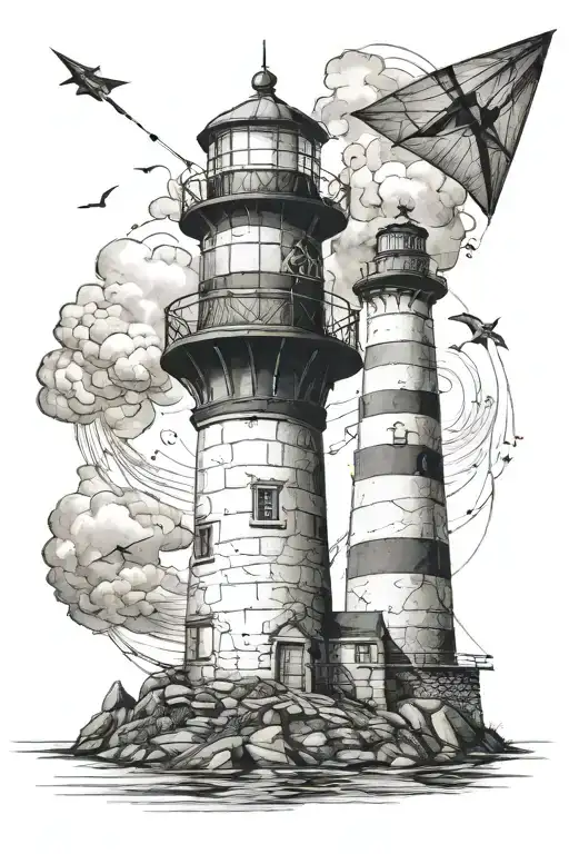 A realistic lighthouse with a kite soaring above it tattoo design idea
