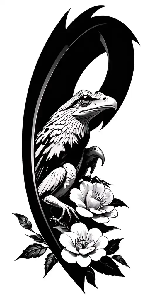 eagle scythe coqui frog Japanese flowers tattoo design idea