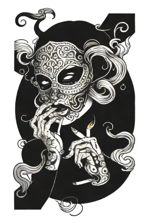 masked women with cigarette. snake inhaling smoke from cigarette.  tattoo design idea