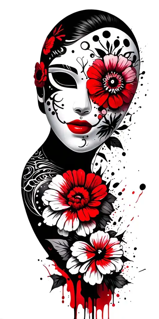 samari mask with flowers tattoo design idea