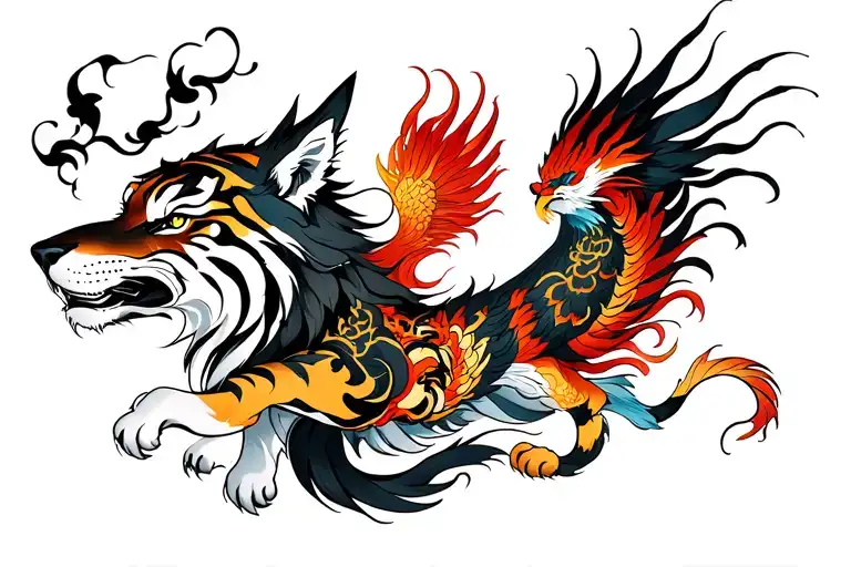wolf tiger and Phoenix rising tattoo design idea