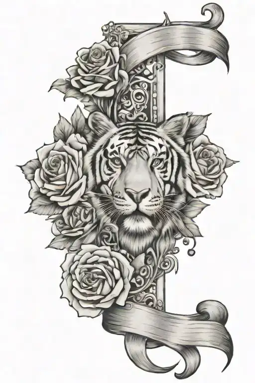 forearm sleeve tattoo with empty cross filled with tigers face and roses with ribbons that have matthew 6:27 tattoo design idea