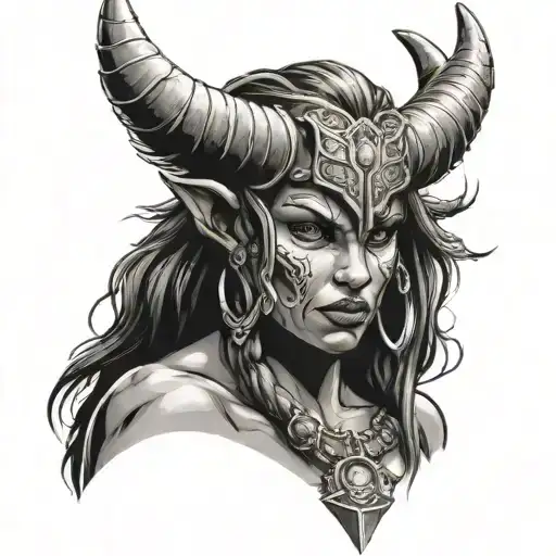 female barbarian Minotaur dungeons and dragons tattoo design idea