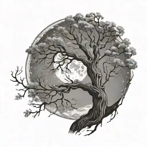 moon and old oak tree with music notes tattoo design idea