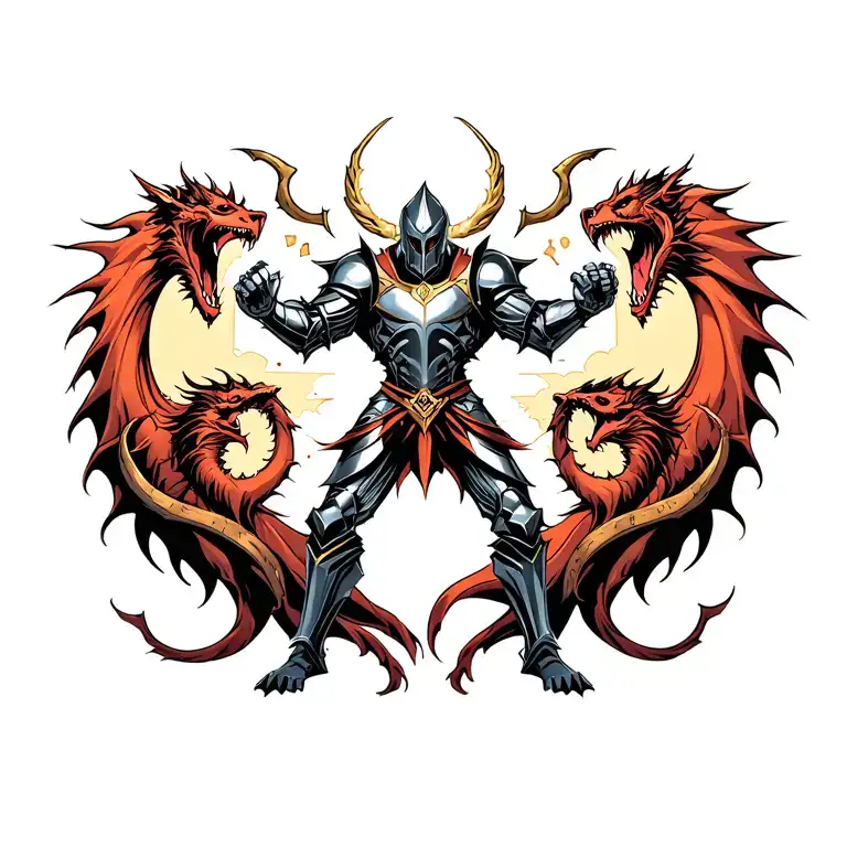 Overthinking knight fighting demons tattoo design idea