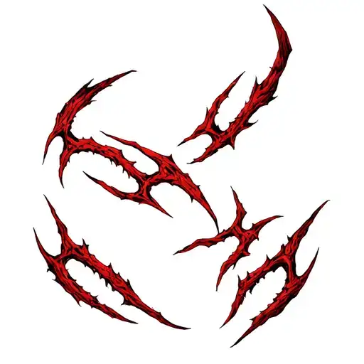 A dark, mystical tattoo design for upper back: three realistic diagonal claw marks in deep crimson red, textured like op tattoo design idea