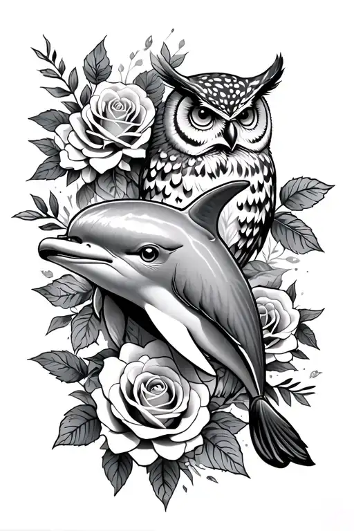 dolphin, roses and owl tattoo design idea