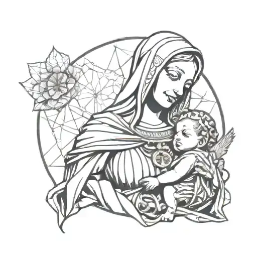 a madonna poisture statue holding her baby from left side, and the banners for the birthday tattoo design idea