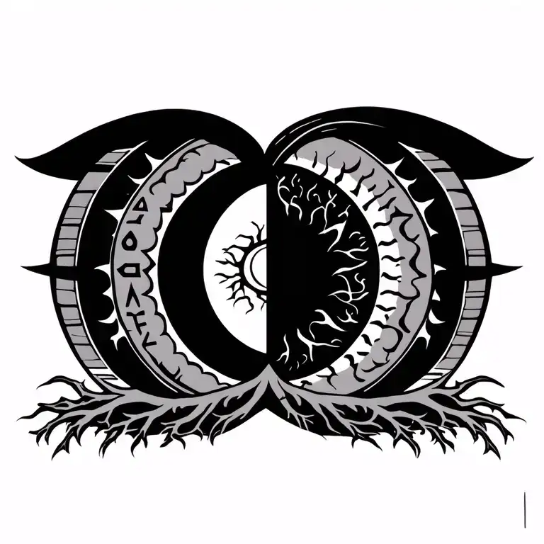 Nordic and Egyptian rune tattoo, in a circle, with roots of a tree on the meaning of life, half a sun, half a half tattoo design idea
