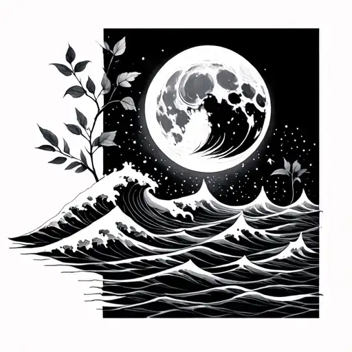 autumn, intelligence, waves signifying ocean/lake, budding of new leaves, listening to sounds of nature and moon tattoo design idea