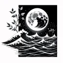 autumn, intelligence, waves signifying ocean/lake, budding of new leaves, listening to sounds of nature and moon tattoo design idea