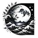 autumn, intelligence, waves signifying ocean/lake, budding of new leaves, listening to sounds of nature and moon tattoo design idea