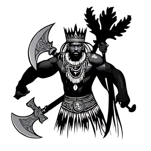 African orisha god shango a Dark-skinned male, wearing a crown,  Holding two double-headed battle axes tattoo design idea