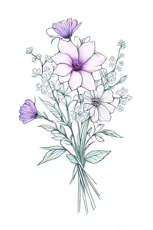 fine line bouquet tattoo featuring cardnations violet watterlilly babybreath tattoo design idea
