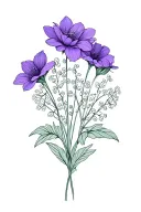 fine line bouquet tattoo featuring cardnations violet watterlilly babybreath tattoo design idea