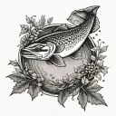 trout leaping and platypus swimming in pool surrounded by an oak leaf wreath black and white tattoo design idea