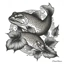 trout leaping and platypus swimming in pool surrounded by an oak leaf wreath black and white tattoo design idea
